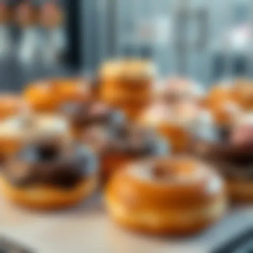 A colorful selection of donuts including glazed, chocolate, and filled varieties arranged on a table.