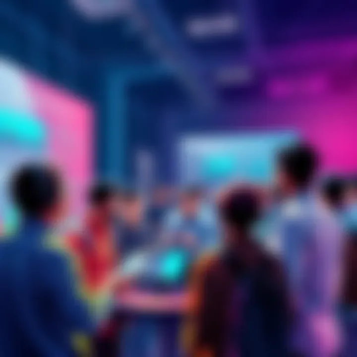 A group of people discussing updates on the VeChainThor blockchain with charts and apps on display