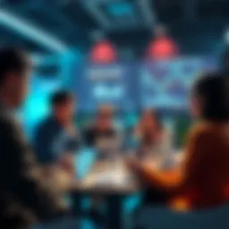 A group of people engaging in a discussion about blockchain and VeChain advancements, with laptops and mobile devices in hand, sharing ideas and updates.