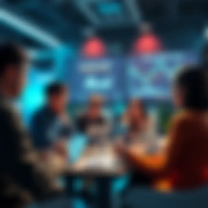 A group of people engaging in a discussion about blockchain and VeChain advancements, with laptops and mobile devices in hand, sharing ideas and updates.