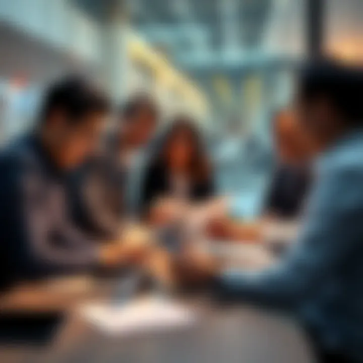 A group of people discussing VeChain's blockchain developments, with laptops and papers, in a modern setting.