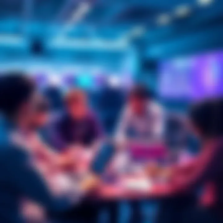 A group of people engaging in a discussion about VeChain updates and innovations with laptops and notes