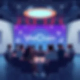 A group of people discussing blockchain updates in a digital forum setting with VeChain logos and symbols present.