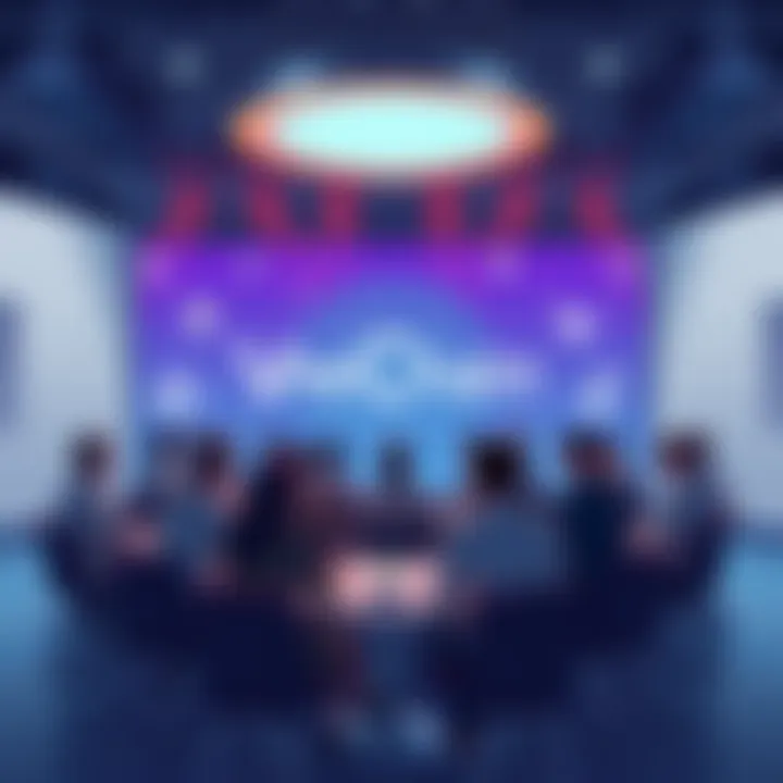 A group of people discussing blockchain updates in a digital forum setting with VeChain logos and symbols present.