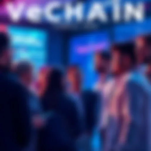 A group of people engaged in conversation about VeChain updates, representing community interaction and support for protocol upgrades.