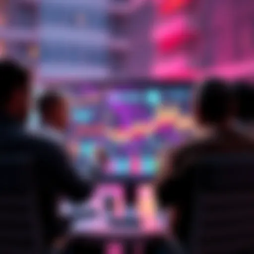 VeChain Community Discussion A group of people engaging in a discussion about VeChain developments around a digital screen showing blockchain graphics