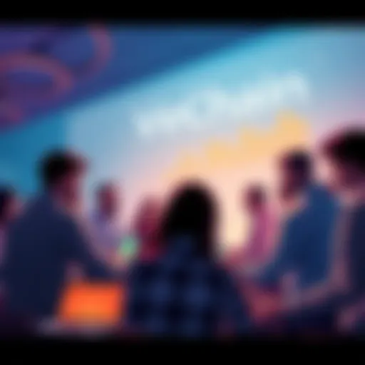 Group of people discussing VeChain updates with laptops and charts