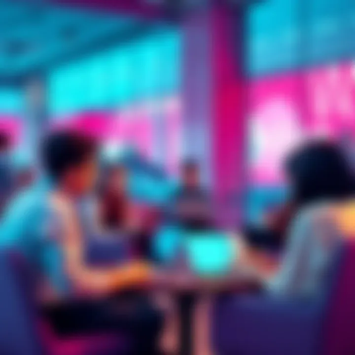 A group of people discussing VeChain innovations in a relaxed setting with laptops and notebooks.