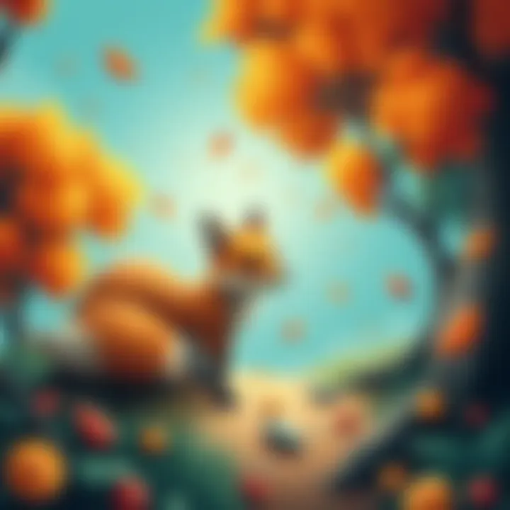 A whimsical fox named Veit is on an adventure, surrounded by colorful trees and hidden seed words scattered around. The scene captures the essence of a children's story with vibrant colors and playful...