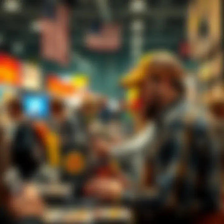 A vendor with trading cards displays a Bitcoin sign, engaging with customers at a lively trading card show