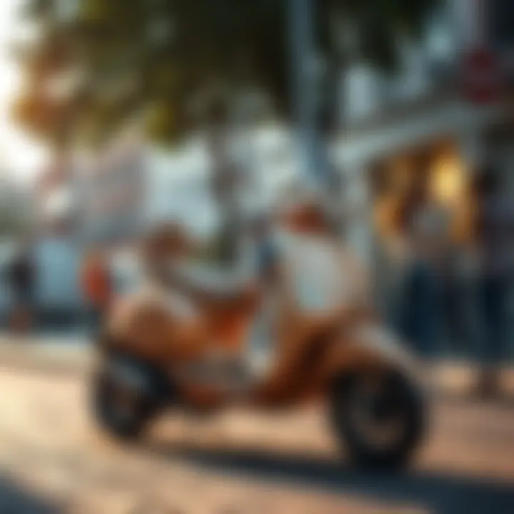 Vespa for Sale A Vespa scooter parked in a community setting with people discussing nearby, showing concern and interest in the seller's situation.