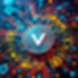 An artistic representation of Vess, showing a digital coin symbolizing stability through computation costs, surrounded by abstract patterns representing technology.