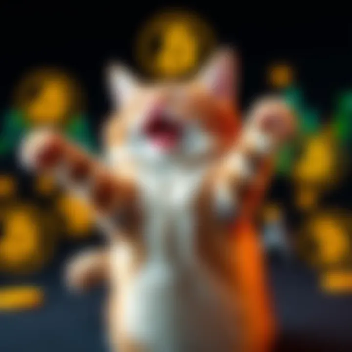 Vibing Cat Meme A playful cat dancing with a relaxed expression, symbolizing joy amidst financial struggles, with Bitcoin logos in the background.