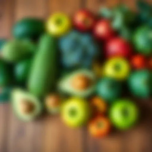 A colorful assortment of fresh green fruits and vegetables including avocados, broccoli, and green apples arranged on a wooden table.