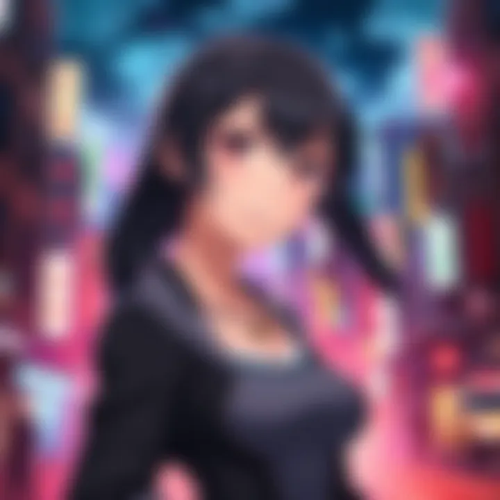 Victoria, an assassin with a warm smile, stands in a vibrant cityscape, balancing her dark profession and her emotional side.