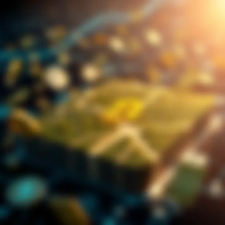 Virtual land investment concept A digital representation of virtual land with money symbols around it, illustrating investment potential.