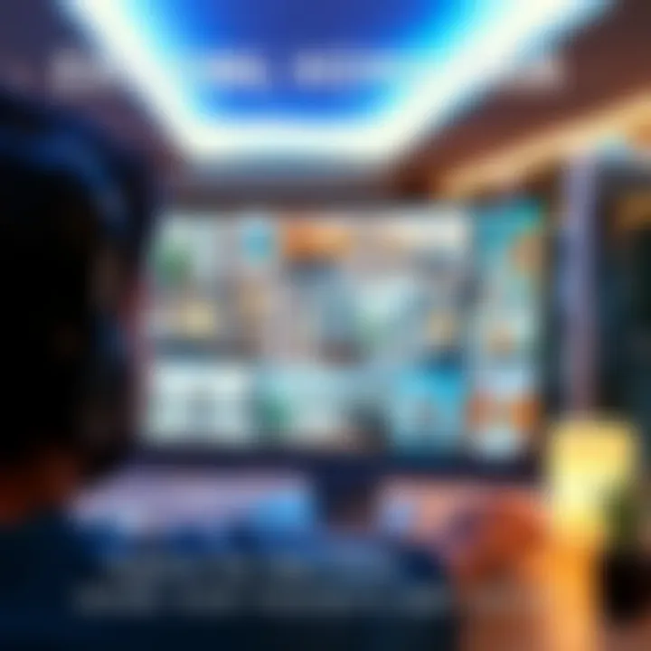 A person exploring a newly acquired home through a virtual tour, with a computer screen displaying various rooms and spaces.