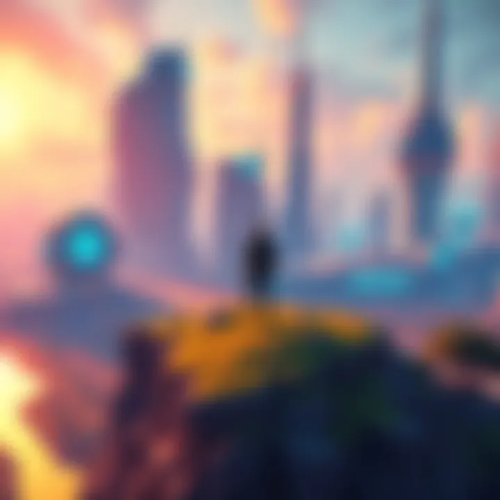A person standing on a digital piece of land in the metaverse, surrounded by futuristic buildings and vibrant landscapes.