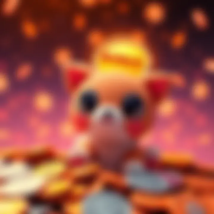 A cute virtual pet surrounded by coins representing bitcoin, with a bonus sign above it.