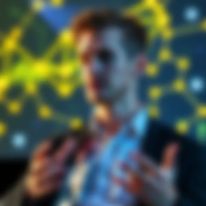 Vitalik Buterin speaking about the potential risks of a 51% attack on Ethereum, with a graphic representation of blockchain technology in the background.