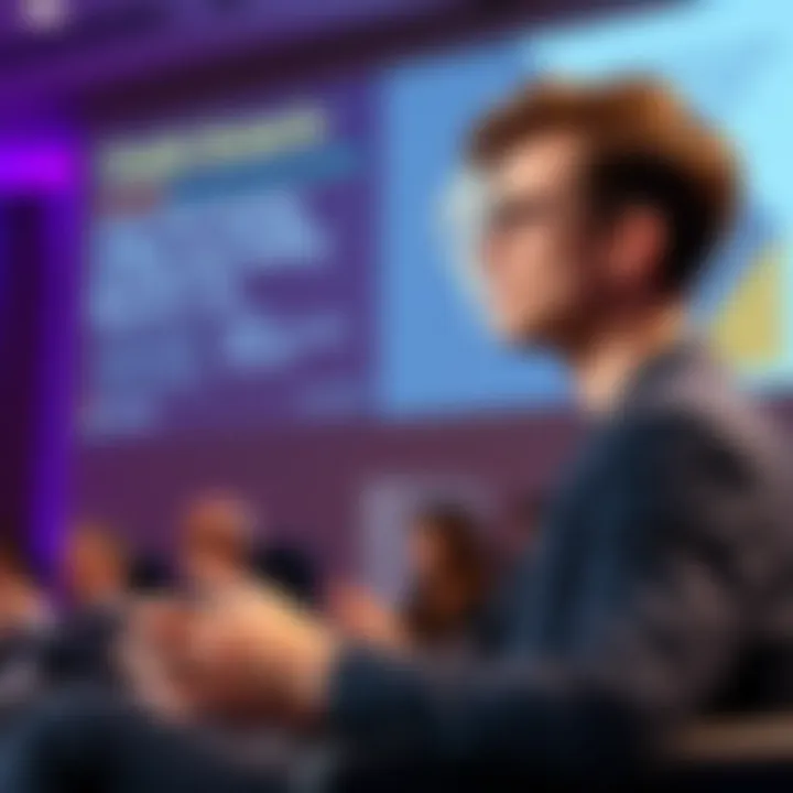 Vitalik Buterin speaking at a conference about new scaling strategies for Ethereum, with a presentation slide in the background.