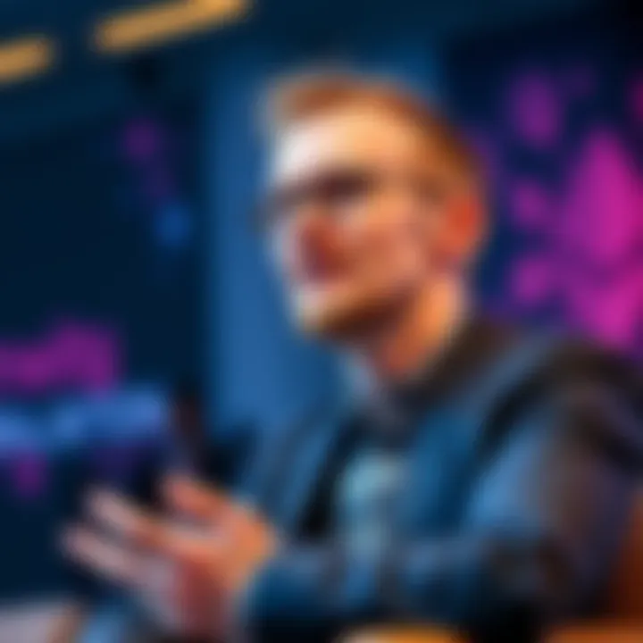 Vitalik Buterin Discussing AI and Ethereum Vitalik Buterin speaking at a conference about the impact of AI on Ethereum's growth and innovation