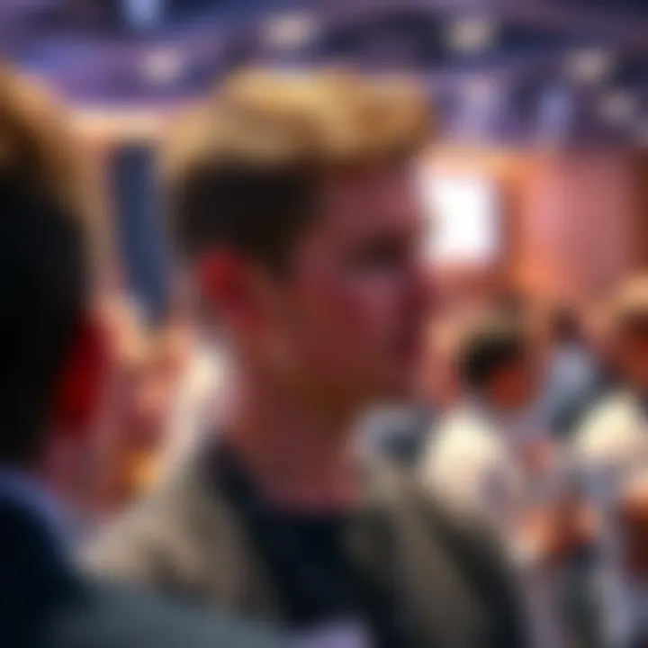 A man with short brown hair speaks at a crypto conference, surrounded by a crowd engaged in discussions.