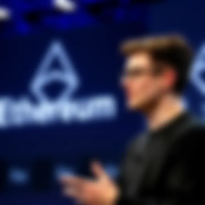 Vitalik Buterin speaking at a conference with Ethereum logo in the background