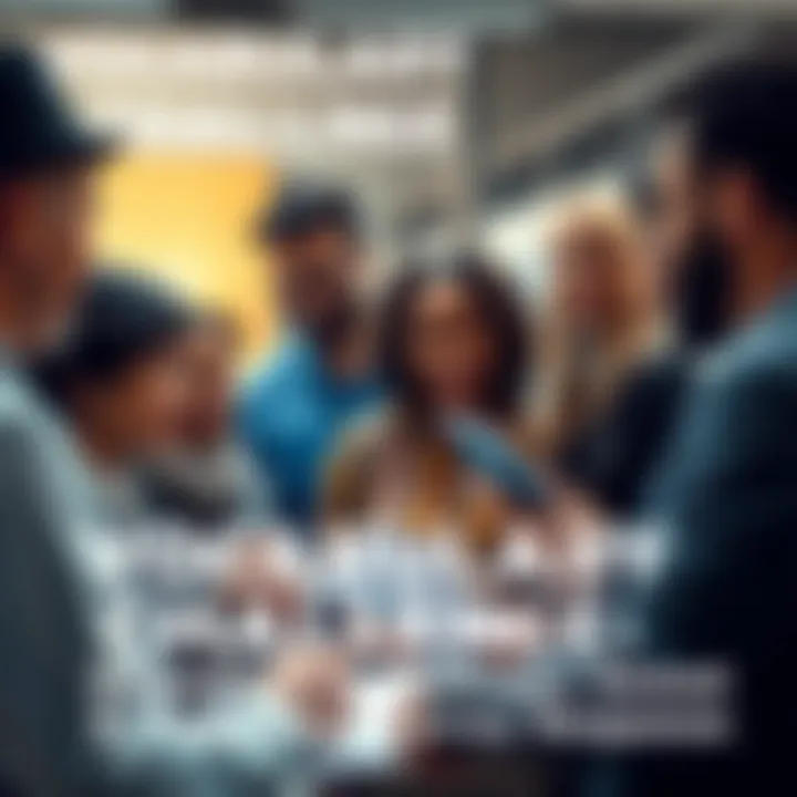 A group of diverse people discussing their vocabulary skills and taking a survey