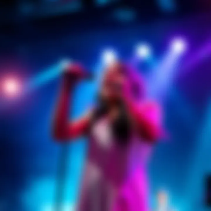 A singer passionately performing a vocal cover of the Infinite Baths Outro on stage, with a microphone in hand and bright lights illuminating the scene.