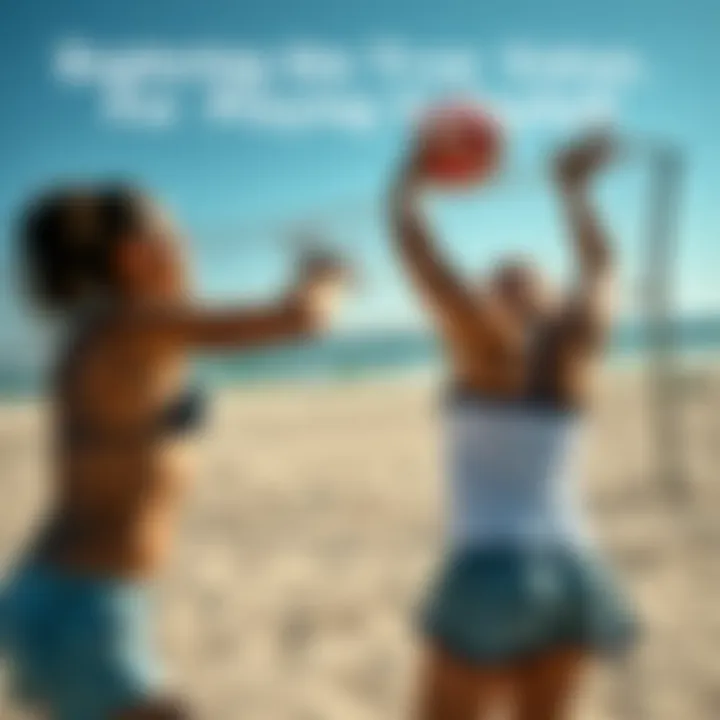 A close-up of two people enjoying a game of volleyball, showing enthusiasm and teamwork at the beach