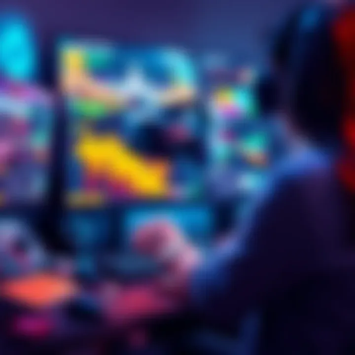 A beginner using VR tools to create a game, surrounded by colorful graphics and a headset.