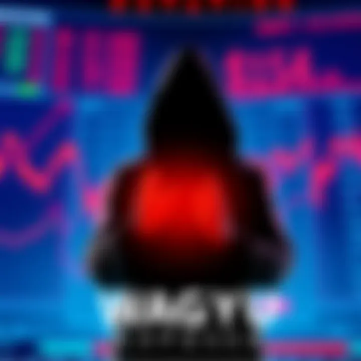 A graphic showing a shadowy figure controlling currency values on a trading screen, reflecting manipulation in the $XMR1 market.