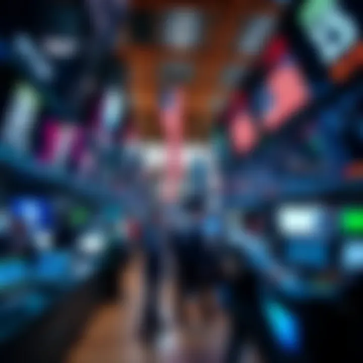 Wall Street Trading Floor Traders on the Wall Street trading floor engaging in transactions with digital screens displaying stock data and charts.