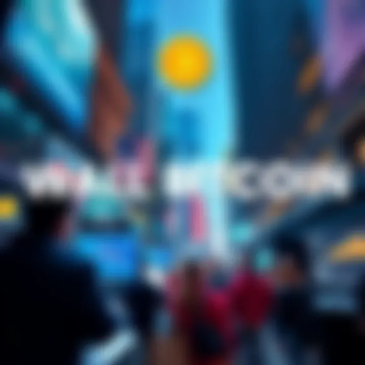 A busy Wall Street scene with traders looking at Bitcoin charts on screens, symbolizing Bitcoin's rise in finance.