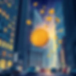 Illustration showing Wall Street buildings with Bitcoin symbols, depicting financial institutions' control over cryptocurrency.