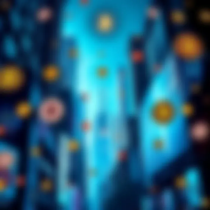 Wall Street and Crypto Collaboration A city skyline with Wall Street symbols merging with cryptocurrency icons, representing the fusion of traditional finance and digital assets.