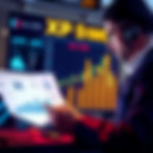 A financial analyst reviewing a report showing significant XRP holdings by a Wall Street firm with cryptocurrency graphics in the background.
