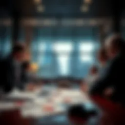 A group of business people discussing serious allegations in an upscale office setting with financial documents on the table.