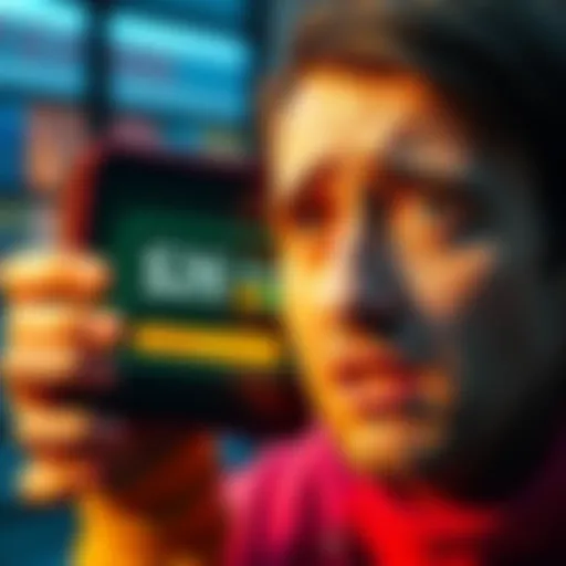 A digital wallet screen displaying a low balance with a worried expression on the user's face.