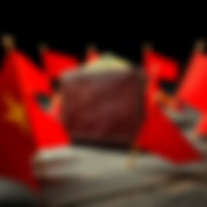 A wallet surrounded by red flags indicating potential scams