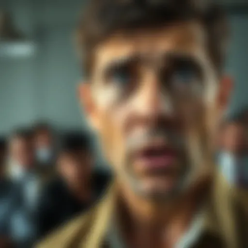 A close-up of a person with a concerned expression, speaking passionately, referencing a religious context, with a blurred background of a discussion group, displaying emotions of surprise and contemp...