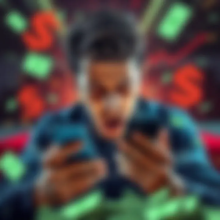 A distressed person checking their phone with a shocked expression, realizing unexpected charges from a finance app, surrounded by money icons