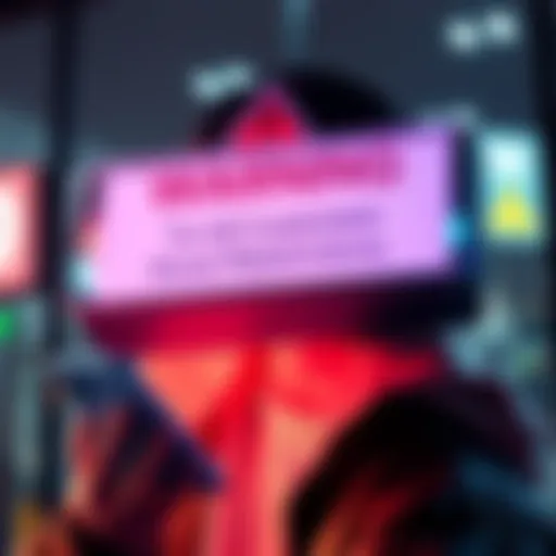 A warning sign with text about Nexo's account restrictions, showing a troubled customer looking at a phone with concern.