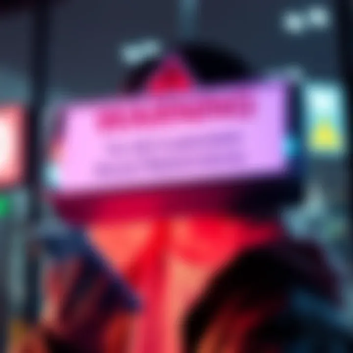 A warning sign with text about Nexo's account restrictions, showing a troubled customer looking at a phone with concern.