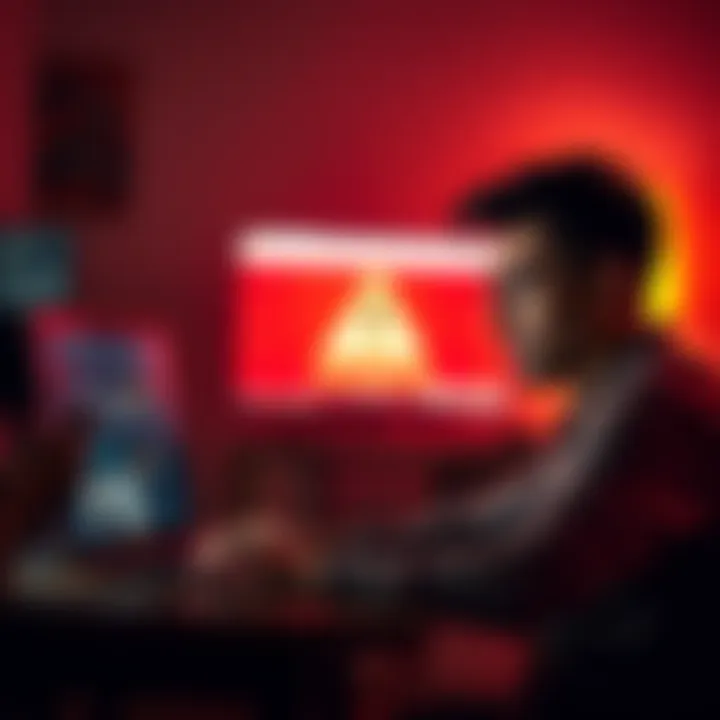 A person looking worried while browsing a suspicious website on a laptop, with a warning sign appearing on the screen.