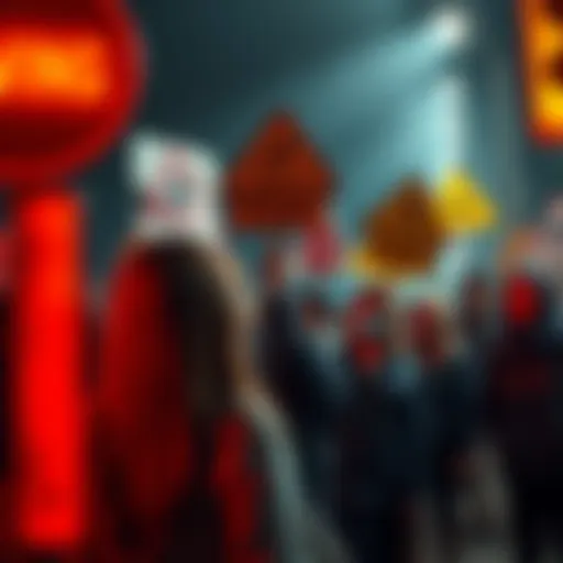 A group of concerned people looking at warning signs that have been disregarded, illustrating the consequences of neglecting alerts.