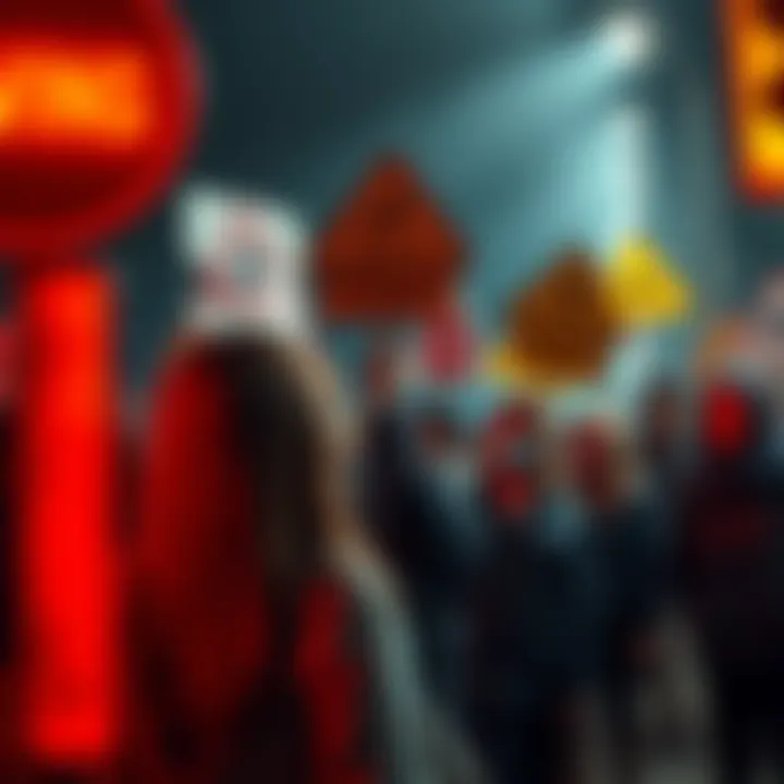 A group of concerned people looking at warning signs that have been disregarded, illustrating the consequences of neglecting alerts.