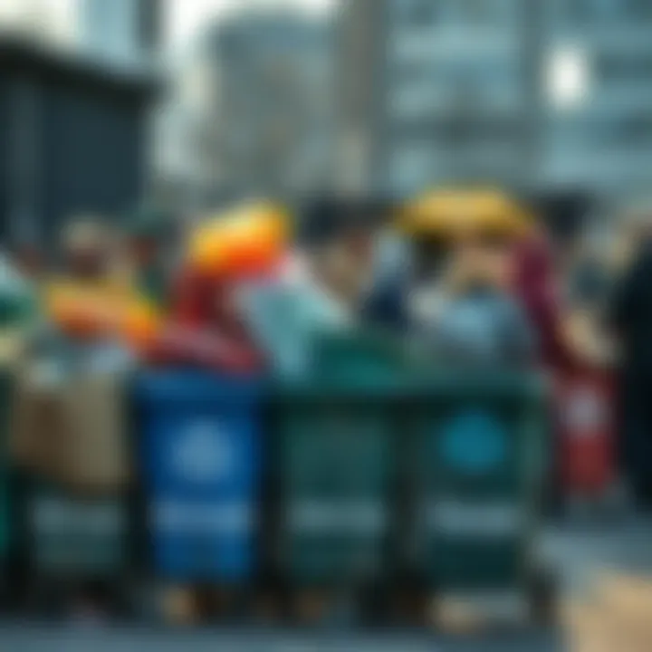 Waste Management Practices A community recycling event with people sorting waste into bins labeled for recycling, composting, and trash.