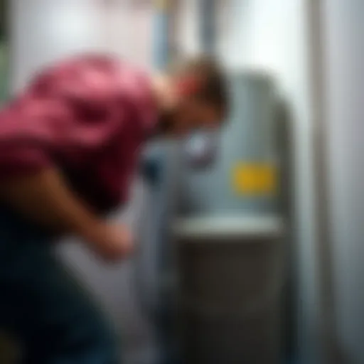 A technician flushing a residential water heater, draining water into a bucket